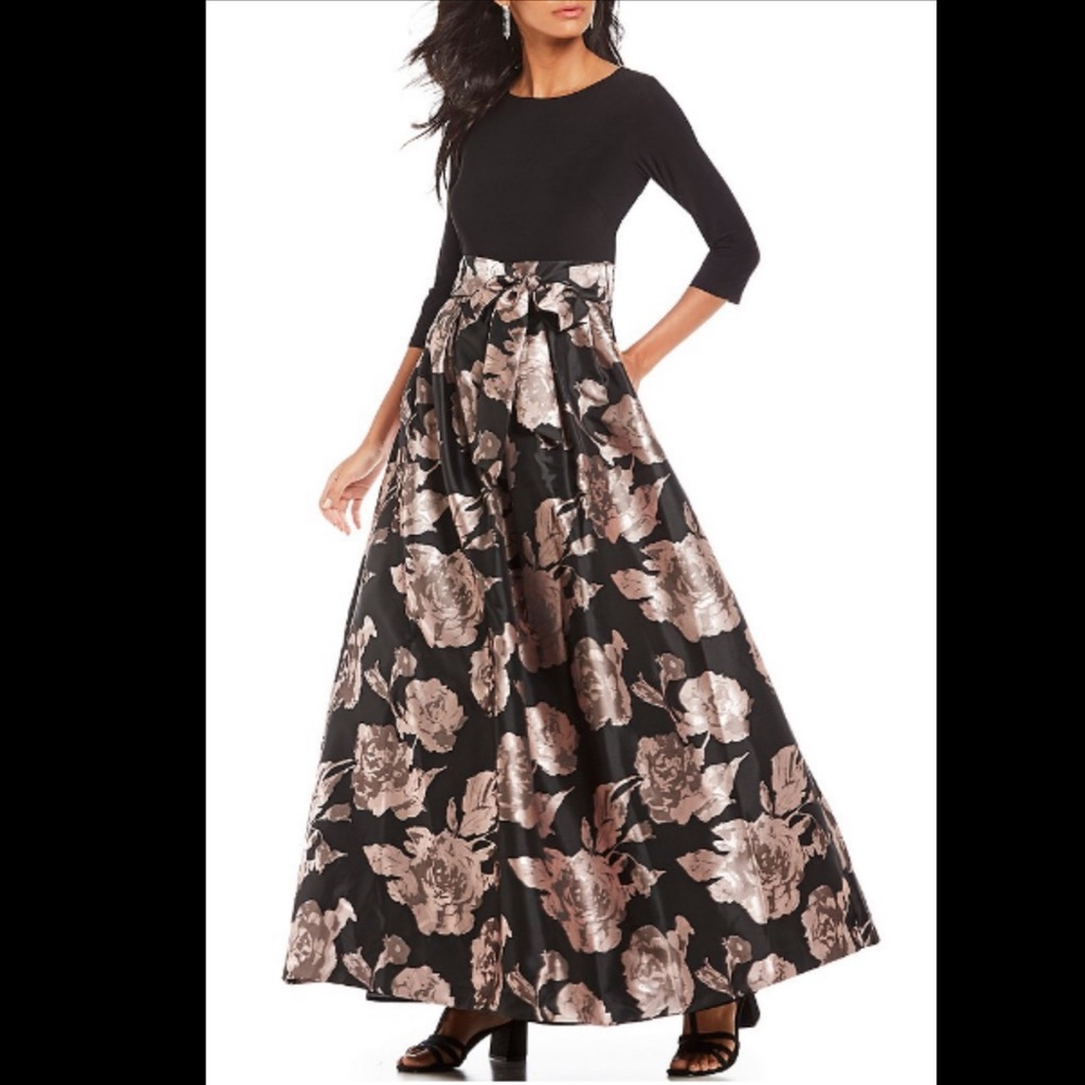 3/4 sleeve black and rose formal gown